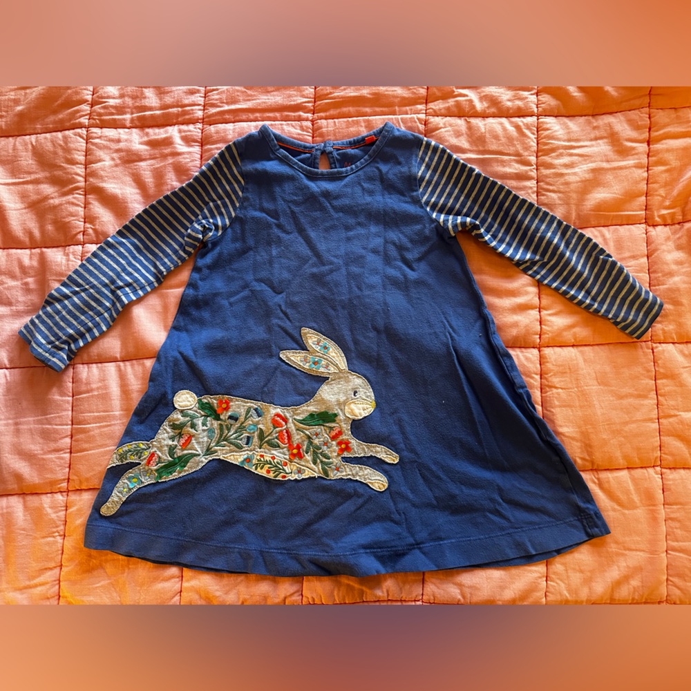 Mini Boden Blue Dress with Striped Sleeves and Rabbit Appliqué Easter Spring